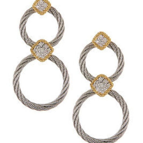 ALOR 18K Gold Stainless Steel Classique Diamond Pave Double Hoop Drop Earrings - Picture 1 of 10
